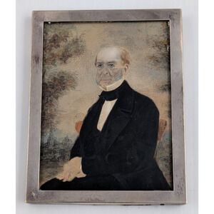 Sterling Silver Picture Frame with Hand Painted Portrait of a Man Marked LEA